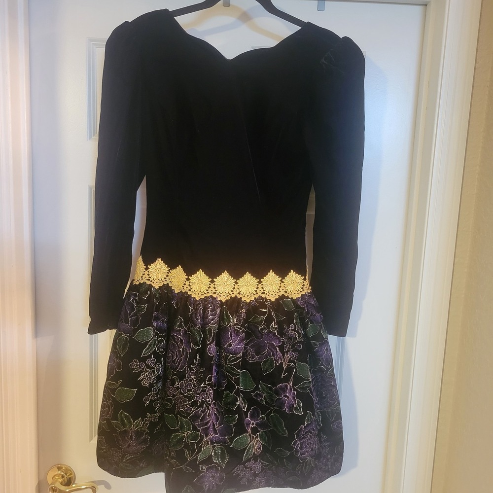 Scott McClintock Vintage 80s Black  Purple Velvet Floral Backless Party Dress 8